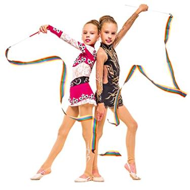 Imagem de 2 fitas de dança de ginástica, fitas rítmicas de 190 cm para dançarinos para crianças, adequado para ginástica artística, shows de carnaval de circo, bastão giratório (listrado)