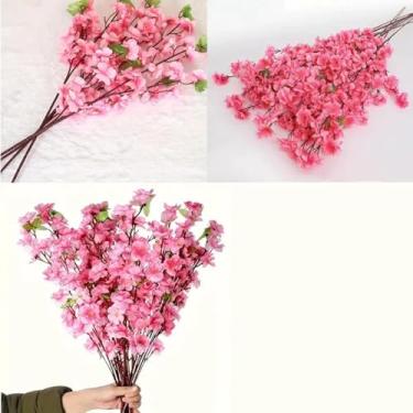 Imagem de Buquê De Flores De Cerejeira Artificial Flor De Pêssego rosa Estilo moderno Para Decoração De Casamento 63CM