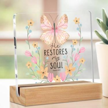 Imagem de Placa de acrílico cristã de borboleta rosa com suporte de madeira, presentes cristãos para mulheres, decorações de mesa motivacionais, presentes inspiradores para mulheres, homens, amigos, colegas de