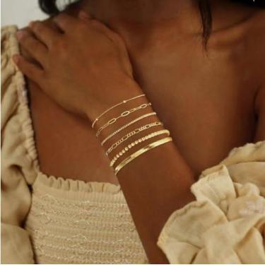 Imagem de Conjunto de 5 peças de pulseiras douradas para mulheres, punho empilhável, conjunto de pulseiras douradas prateadas modernas com elos boêmios, One Size, Aço inoxidável, Sem Pedra Preciosa
