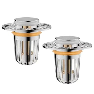 Imagem de 2 peças de filtro de ralo de pia de banheiro pop up universal, rolha de pia de banheira, coletor de cabelo, filtro de pia com coletor de cabelo removível de aço inoxidável para banheiro, lavatório de