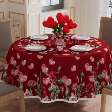 Imagem de XCHI Toalha de mesa redonda Love Hearts Roses Flowers Day Toalha de mesa redonda lavável para decoração de festa em casa de jantar em casa 177 x 177 cm