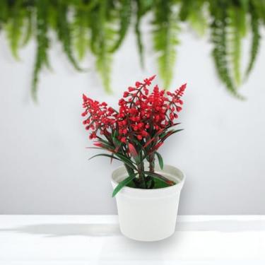 Imagem de Generic 1 plantador artificial de pinho com 7 ramos de plantas falsas de plástico vermelho 11 x 11 x 17 cm