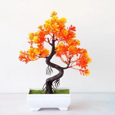 Imagem de Bonsai Artificial com Vaso – Planta Decorativa de Pinheiro e Flores para Casa, Escritório e Jardim(Vermelho pôr do sol)