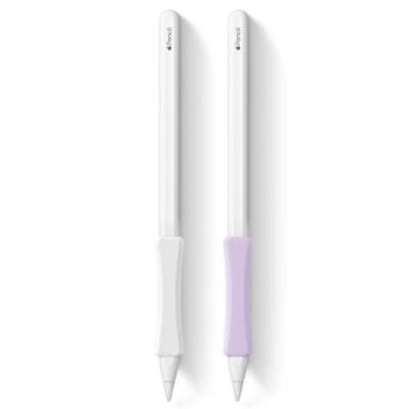 Imagem de Pacote com 2 cabos de silicone macio para Apple Pencil (2ª geração/USB-C) | Capa protetora para iPad Pro 11/12.9 polegadas | Suporte ergonômico antiderrapante, branco, roxo