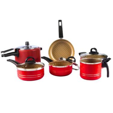 Imagem de Jogo de panelas 6 peças com panela pressão 4,5L vermelho - Aluminio Na
