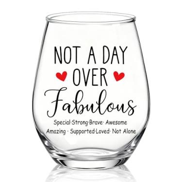 Imagem de XQLZY Not A Day Over Fabulous Stemless Taça de vinho, presentes engraçados de feliz aniversário para mulheres, chefe, mãe, avó, tia, melhor amiga, filha, Natal, aniversário, Ação de Graças, presentes