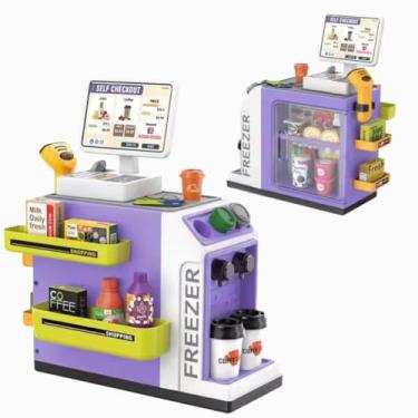Imagem de Brinquedo Supermercado e Cafeteria Infantil com Leitor de Código de Barras Caixa Itens em Miniatura Sistema de Água e Prateleiras para Produtos