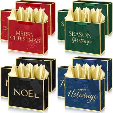 Imagem de Aliceset Pacote com 12 sacos de presente de Natal metálicos luxuosos com papel de seda e etiquetas, folha dourada, vermelho, verde, azul, preto, sacos de presente de luxo para presente de feliz Natal