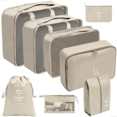 Imagem de Kit Organizador de Mala 8 Peças Packing Cubes com Compressão Porta Sapatos Necessaire Transparente Roupas Sujas para Viagem (Bege)