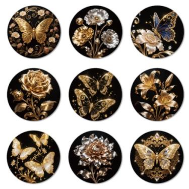 Imagem de ANATTASOUL Conjunto de 9 porta-copos de madeira colorida com estampa de borboleta e flor, presente de inauguração de casa redonda a granel para casa nova, proteção de mesa de centro decorativa de 9,9