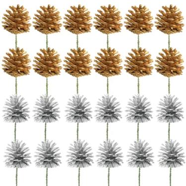 Imagem de Songjum 24 peças de pinhas de Natal naturais douradas e prateadas com palhetas verdes para guirlanda de árvore de Natal, enfeites de pinhas para decoração de casas, férias de inverno, Ação de Graças