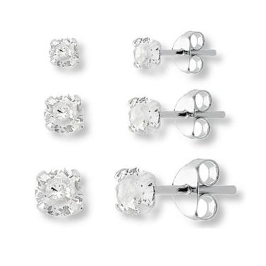 Imagem de Brincos De Prata 925 Solitário Zirconia Redondo P/ 3 Furos - Lojas La&