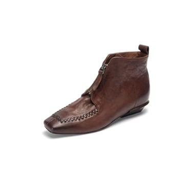 Imagem de TinaCus Botas femininas de couro legítimo feitas à mão, bico quadrado, zíper frontal, salto grosso, botas de cano curto casuais, Marrom, 36