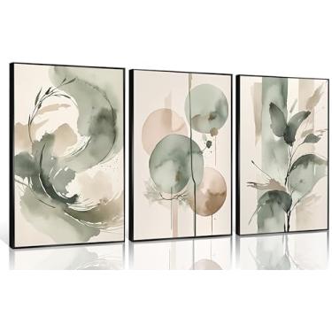 Imagem de 3 peças arte de parede em tela abstrata verde sálvia bege e verde abstrata floral borboleta pôsteres impressões modernas abstratas Zen quadros pintura para sala de estar ioga quarto decoração sem