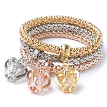 Imagem de Pulseiras multicamadas - 3 peças de ouro prata ouro rosa ouro milho pulseira feminina árvore da vida pulseira elástica em forma de coração, Medium, Liga metálica, Sem Pedra Preciosa
