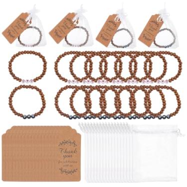 Imagem de GOMAKERER 24 conjuntos de pulseiras de rosário de madeira, 2 cores, rosário de madeira com pingente de cruz, pulseiras com etiquetas de presente e sacos de organza para batismo, chá de panela, homens