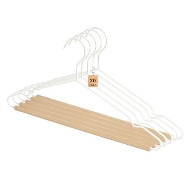 Imagem de Cabide de terno branco de metal fosco premium, pacote com 20 calças de madeira de faia lisa, cabides de madeira durável, cabide de casaco, cabide de camisa