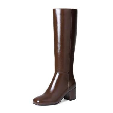 Imagem de iiimmu Botas de cano alto femininas bico redondo salto grosso 6 cm botas altas com zíper lateral couro sintético, Marrom escuro, 40