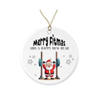 Imagem de Enfeite de Feliz Natal Feliz Ano Novo - Exercício de Papai Noel - Ornamento de Natal para Academia - Levantamento de peso - Decoração de Natal de cerâmica impressa em ambos os lados