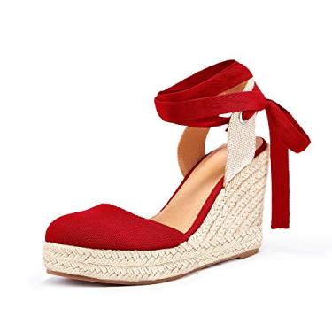 Imagem de Ermonn Sandálias femininas de alpargatas plataforma plataforma fechada tira no tornozelo cadarço sapatos de verão, 1 vermelho, 37