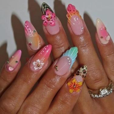 Imagem de 24 peças de unhas postiças de amêndoa francesa, unhas de pressão em concha 3D, cola falsa de acrílico elegante em unha com design de pérolas e flores, unhas adesivas reutilizáveis naturais para