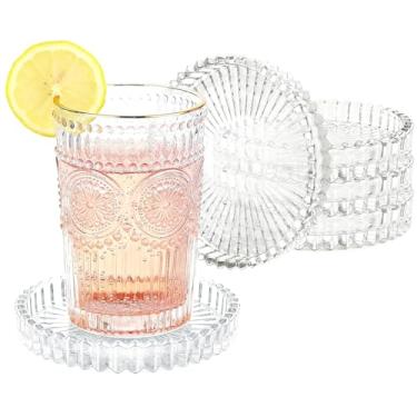 Imagem de Sumalon Pacote com 5 porta-copos de vidro transparente para bebidas, porta-copos de cristal redondo com borda de contas, decoração de mesa de centro para mesa de jantar de restaurante, bar, cozinha