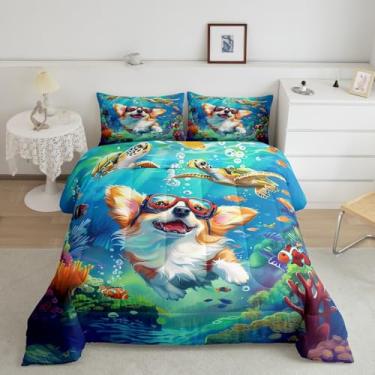 Imagem de Jogo de cama casal Corgi para crianças, adultos, cães subaquáticos, tartarugas marinhas, conjunto de edredom com 3 peças, enchimento de edredom com plantas marinhas coloridas, 2 fronhas