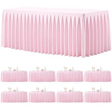Imagem de Pacote com 8 toalhas de mesa retangulares rosa, 2,5 m, elástico, elastano para mesas retangulares de 2,3 m, toalhas de mesa de banquete, sem rugas, saia com babados, toalha de mesa para festa