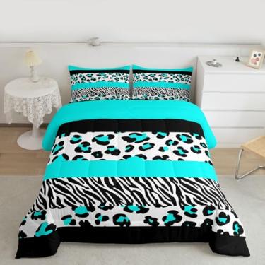 Imagem de jejeloiu Conjunto de edredom Queen com estampa de leopardo, guepardo e zebra, para crianças, meninos, meninas, listras geométricas, verde-azulado, decoração de quarto, 3 peças com 2 fronhas