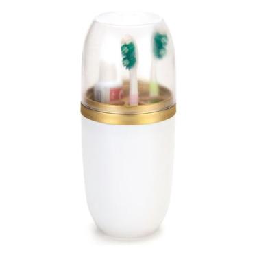 Imagem de Porta Escova, Pasta Dente Tampa Plástica Pia Banheiro Lavabo Viagem(Branco Com Dourado)