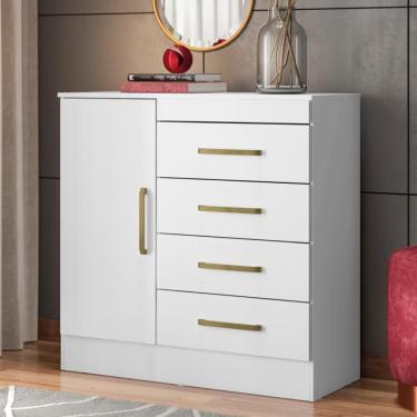 Imagem de Cômoda 4 Gavetas 1 Porta Com Rodizios Chile - Branco-rosa-branco Branco-rosa-branco