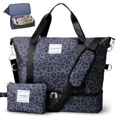 Imagem de WOOMADA Bolsa feminina de fim de semana, bolsa de viagem com compartimento para sapatos e bolso molhado, bolsa de itens pessoais para companhias aéreas, Leopardo preto