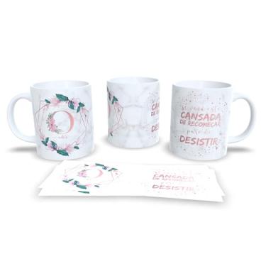 Imagem de Caneca Decorativa com Frase Motivacional em Português, Cerâmica Branca, Design Floral Rosa e Verde, Estilo Elegante (o)