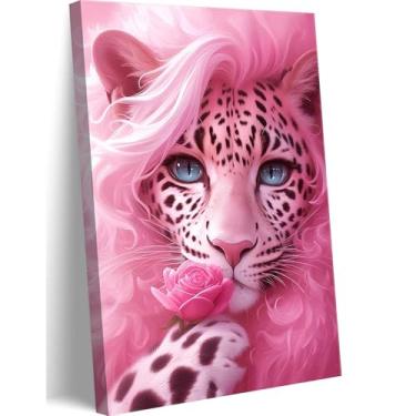 Imagem de Arte de parede caprichosa mãe leopardo rosa moderna e bonita leopardo segurando rosas decoração de parede imagem atraente olhos azuis postre impressão para quarto de meninas decoração de arte de