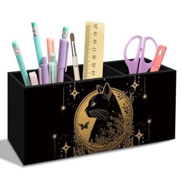 Imagem de nvucamd Porta-lápis de gato preto dourado para mesa, acessórios góticos de escritório, acessórios de mesa, presentes para amantes de gatos bruxos, organizador de canetas para mulheres, casa