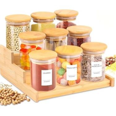 Imagem de 180ml ×9 Potes Hermético Tampa e Rack Organizador de Bambu, Kit com Potes de Vidro Herméticos e Tampa de Bambu