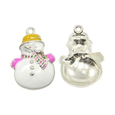 Imagem de Pingentes temáticos de Natal esmaltados de liga de platina, boneco de neve de Natal branco com cachecol rosa e pingente de chapéu amarelo, berloque de fabricação de joias a granel para artesanato DIY