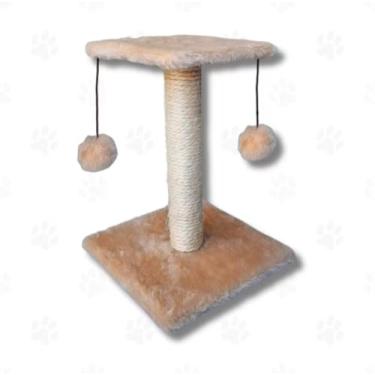 Imagem de Arranhador para Gtos com Pompons, Base MDF 28x28cm, Altura 30cm, Corda Sisal, Pelúcia Bege, Montagem Fácil