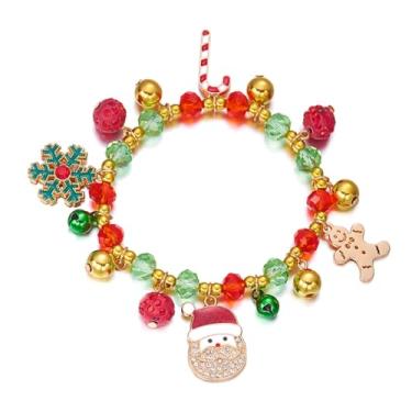 Imagem de RLHRNDE Conjunto de pulseiras de contas de cristal de Natal para homens e mulheres feitas à mão com contas coloridas brilhantes e elásticas de Natal, floco de neve, boneco de neve, sino, Papai Noel