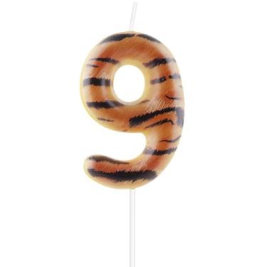 Imagem de Velas de aniversário de tigre número 9, decorações de bolo de animais selvagens, estampa realista de listras de tigre com tema de animais selvagens, para meninos e meninas, crianças, festa de