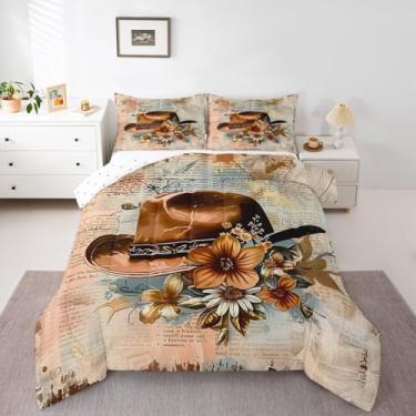 Imagem de Erosebridal Conjunto de cama casal caubói ocidental | Country Western, chapéus, hippie, floral, florescendo, edredom americano e oeste selvagem, macio, quente, 3 peças com 2 fronhas