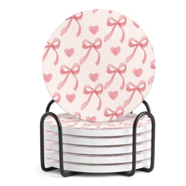 Imagem de 6 peças de porta-copos de cerâmica com suporte, porta-copos de bebida absorvente, porta-copos de xícara de café, conjunto de porta-copos de mesa de cerâmica redondo arco rosa decorativo