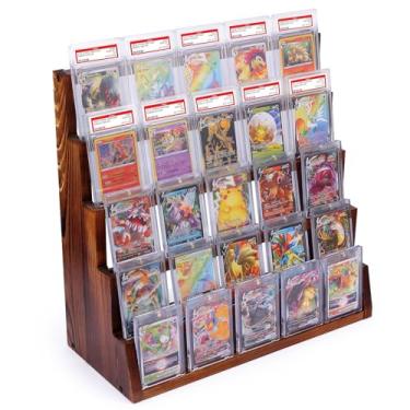 Imagem de swakuszy Suporte de exibição de cartão de madeira maciça com 5 níveis, suporte de exibição de cartão de beisebol e exibição de cartão PSA - comporta 25 cartas classificadas (5 por nível, serve para