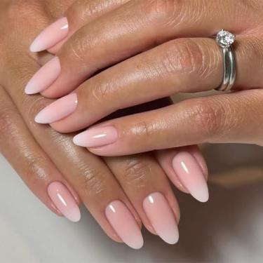 Imagem de Unhas postiças curtas médias amêndoas ombré rosa branco com cobertura completa simples Desien cola acrílica falsa em unha para mulheres, 30 peças