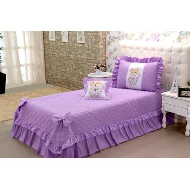 Imagem de Kit 3 Peças Cobre Leito Solteiro Infantil e Juvenil, Colcha com Babados, Rosa, Modelo Meg (Ursinha)