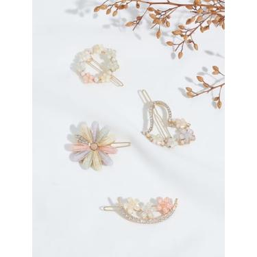 Imagem de 4 peças de plástico de flor e strass de liga, acessórios de cabelo elegantes para mulheres, estilo e maquiagem, acessórios finos grossos, 45 ~ 55 x 19 ~ 37 x 6 ~ 8 mm