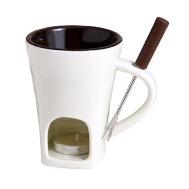 Imagem de Caneca de fondue de chocolate com garfo e vela, copo de derretimento de chocolate pessoal de cerâmica doce, para celebração de sobremesa, reunião de família, diversão em casa, festa de férias