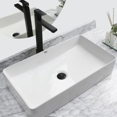 Imagem de Kit Cuba Pia Louça Cerâmica Banheiro C/ Torn e Vál Preta S23