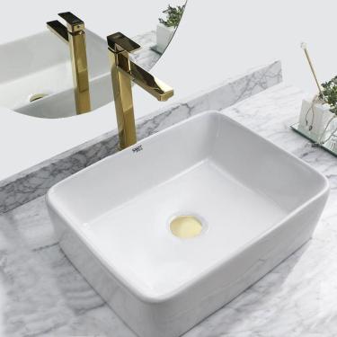 Imagem de Kit Cuba Pia Louça Cerâmica Banheiro C/ Torn e Vál Dourada 3